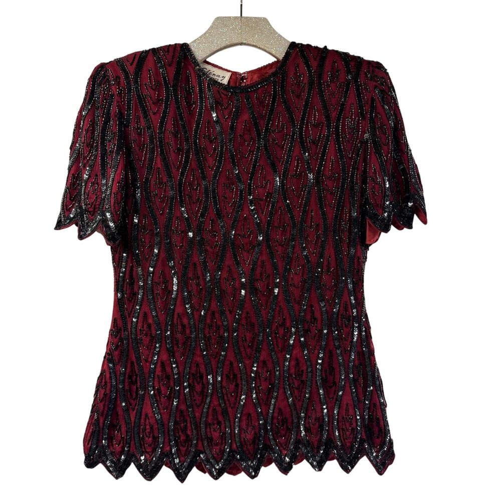 Stenay Beaded Party Top Red Black Vintage Petite Medium Sequin